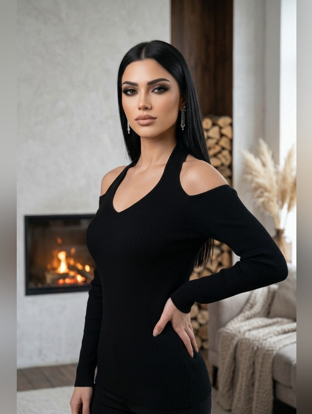 JustFab Black Jersey Cold Shoulder Halter Top Sz L